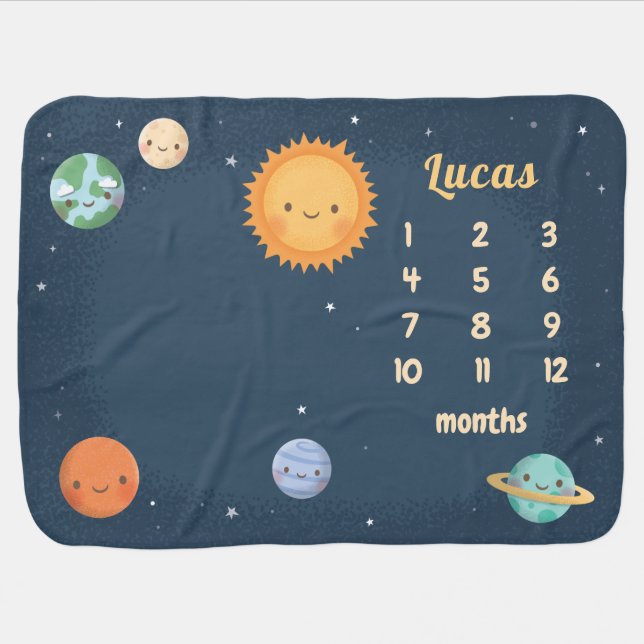 Cute Sun and Planets Baby Monthly Milestone Baby Blanket (Horizontal)