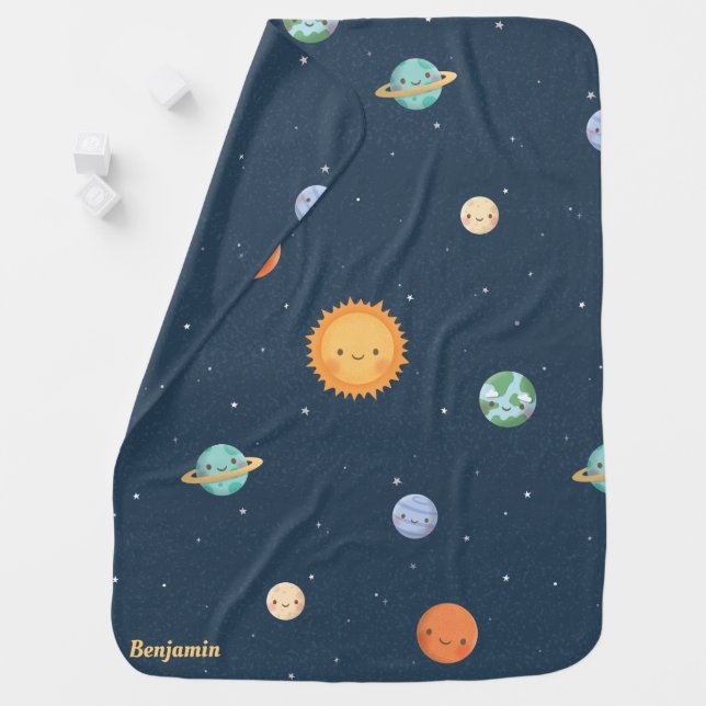 Cute Sun and Planets Doodles Pattern Personalized Baby Blanket (In Situ)