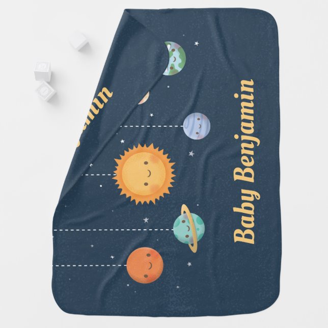 Cute Sun and Planets Outer Space Personalized Baby Blanket (In Situ)