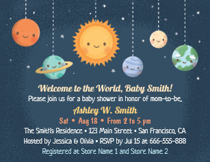 cute sun and planets space baby shower invitation