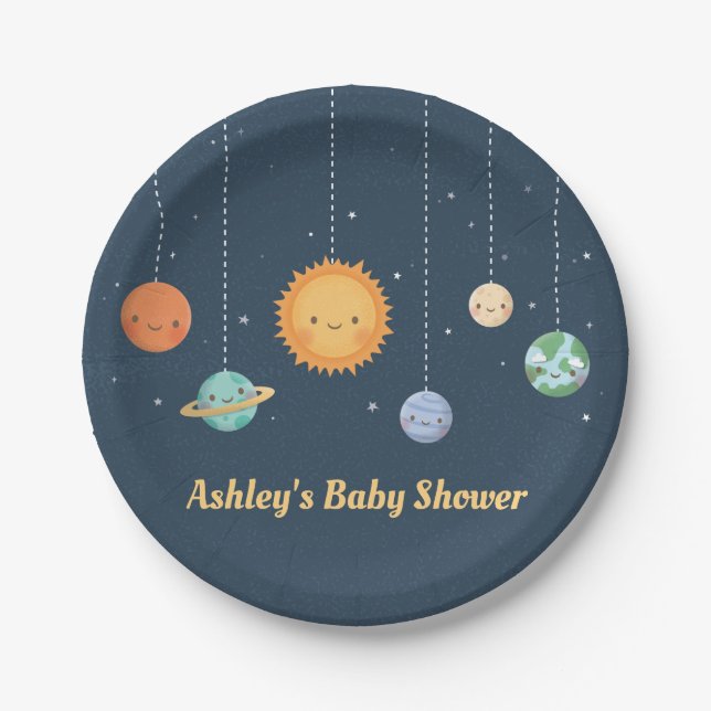 Cute Sun and Planets Space Baby Shower Supplies Paper Plates (Front)