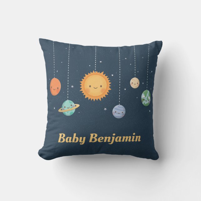 Cute Sun and Planets Space Theme Baby Boy Nursery Throw Pillow (Front)