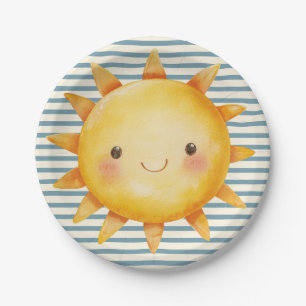 Cute Sun Baby Shower Blue Stripes Watercolor  Paper Plates