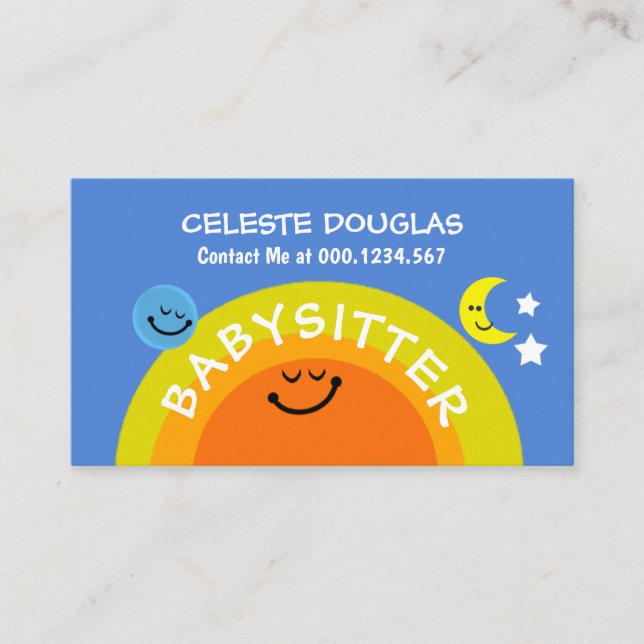 Cute Sun Babysitting Earth Moon Stars Babysitter Business Card (Front)