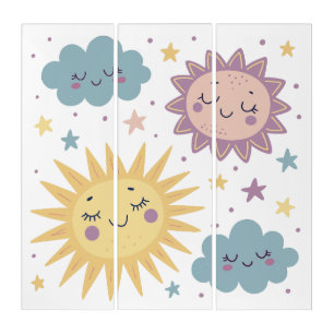 Cute Sun, Cloud, and Stars Illustration – Nursery  Triptych