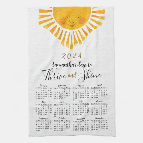 Cute Sun Elegant 2024 Calendar Name Monogram Kitchen Towel