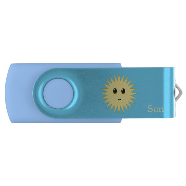 Cute sun happy face on turquoise blue flash drive (Front)