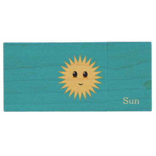 Cute sun happy face on turquoise wood flash drive