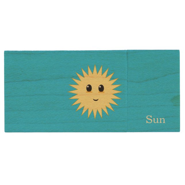 Cute sun happy face on turquoise wood flash drive (Front)
