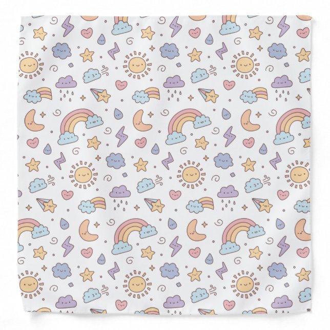 Cute Sun, Moon, Stars and Rainbow Doodles Bandana (Front)