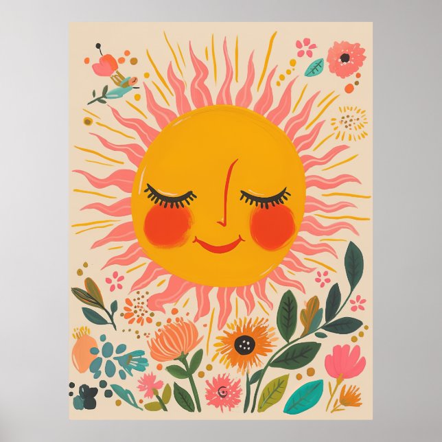 Cute Sun Sunny Day Boho Floral Illustration Poster (Front)