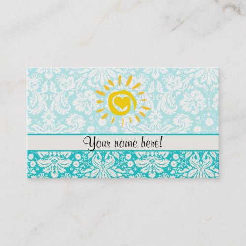 Cute Sun; Teal Damask Business Card