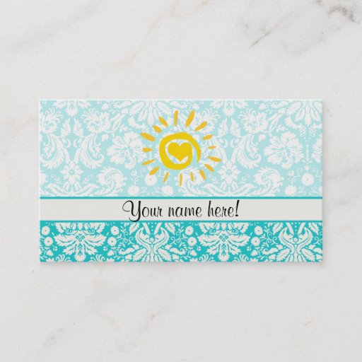Customizable Cute Sun; Teal Damask Business Card