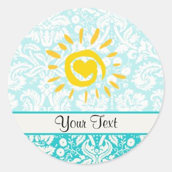 Cute Sun; Teal Damask Classic Round Sticker by CreativeCovers at Zazzle