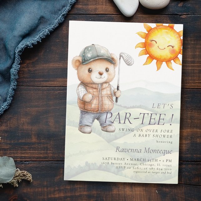 Cute Sun Teddy Hat Golf Let's Par-Tee Baby Shower Invitation (Creator Uploaded)
