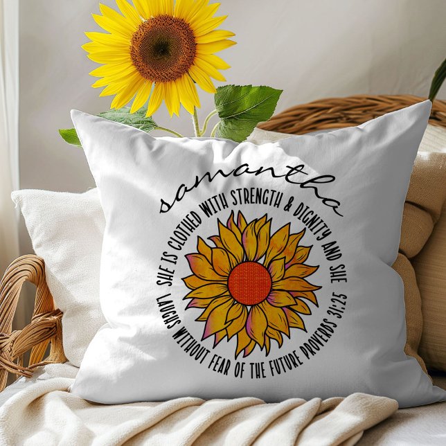 Cute sunflower bible verse scripture Proverbs 31 Throw Pillow (Creator Uploaded)