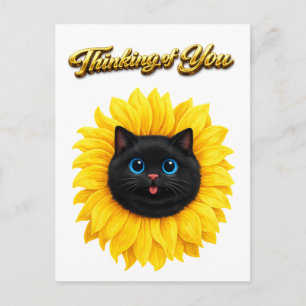 Cute Sunflower Black Cat Face Thinking of You Postcard