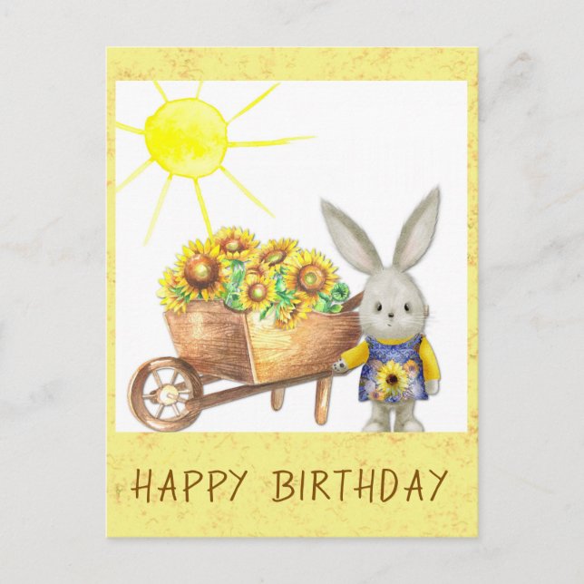 Cute Sunflower Bunny Rabbit Happy Birthday Postcard (Front)