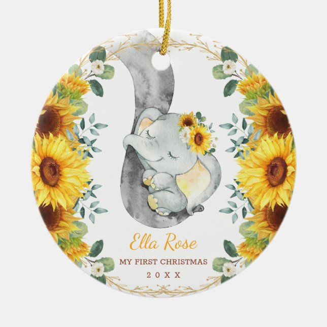 Cute Sunflower Elephant Baby First 1st Christmas Ceramic Ornament (Front)