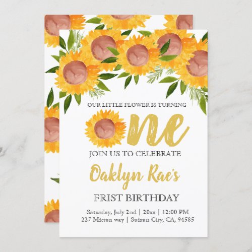 Cute sunflower floral kid first birthday invite