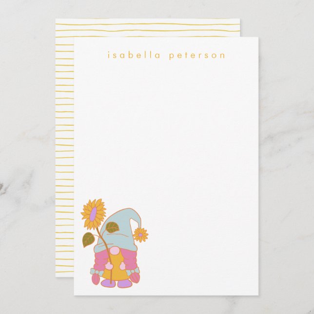 Cute Sunflower Gnome Pastel Personalized Name  Note Card (Front/Back)