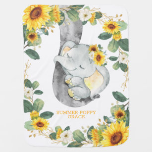 Cute Sunflower Greenery Sleepy Elephant Nursery Baby Blanket