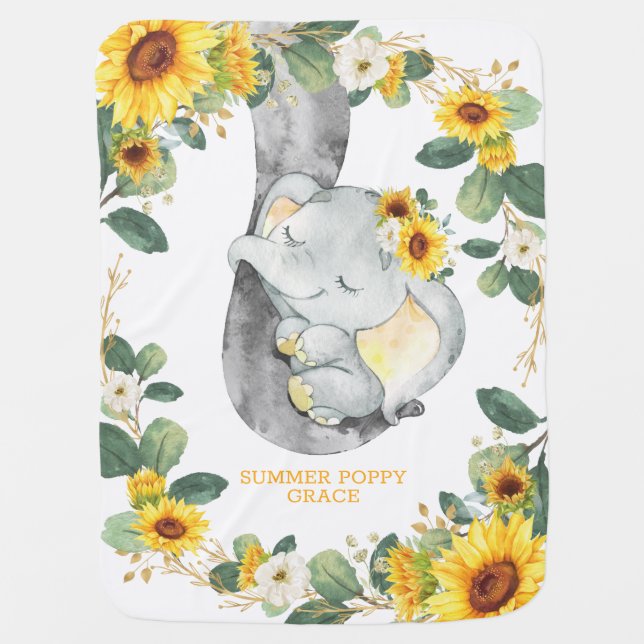 Cute Sunflower Greenery Sleepy Elephant Nursery Baby Blanket (Front)