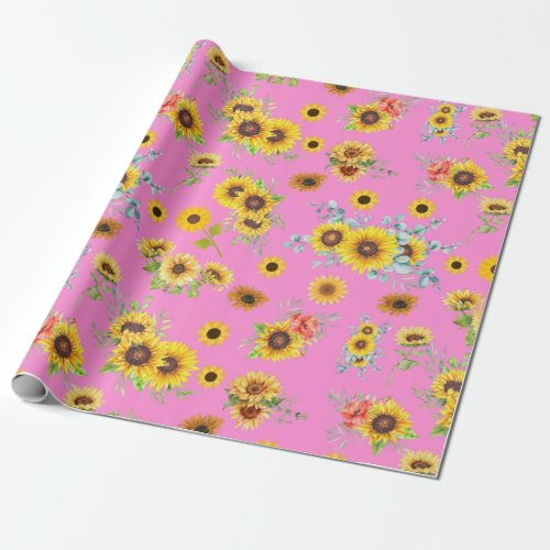 Cute Sunflower Hot Pink Wrapping Paper Seamless 