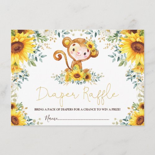 Cute Sunflower Jungle Monkey Baby Diaper Raffle Enclosure Card