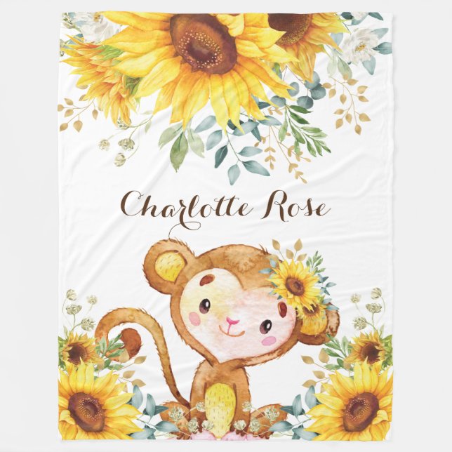 Cute Sunflower Jungle Monkey Baby Girl Nursery Fleece Blanket (Front)