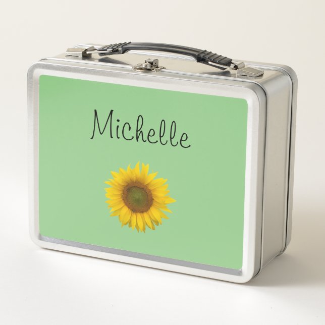 Cute Sunflower Monogram Green Metal Lunch Box (Front)