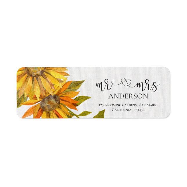 Cute Sunflower Mrs And Mrs  Floral Wedding Address Label (Front)
