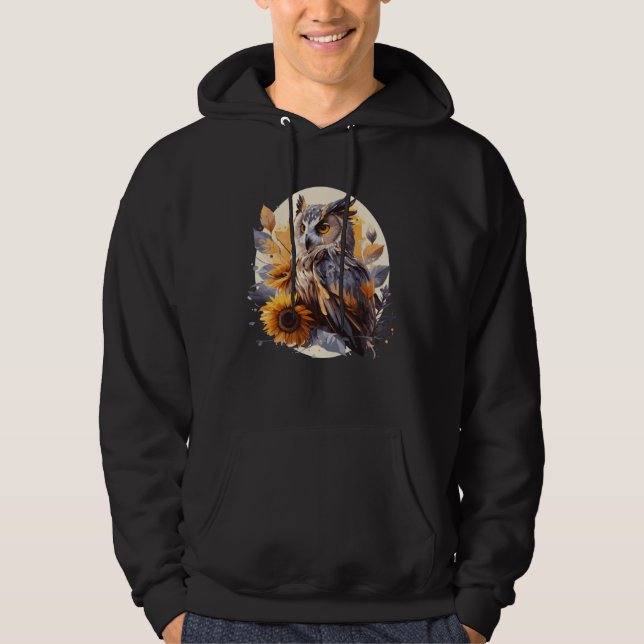 Cute Sunflower Owl Floral Watercolor Owl Hoodie (Front)