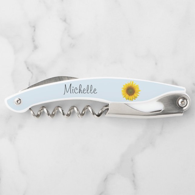 Cute Sunflower Script Blue Waiter's Corkscrew (Back)