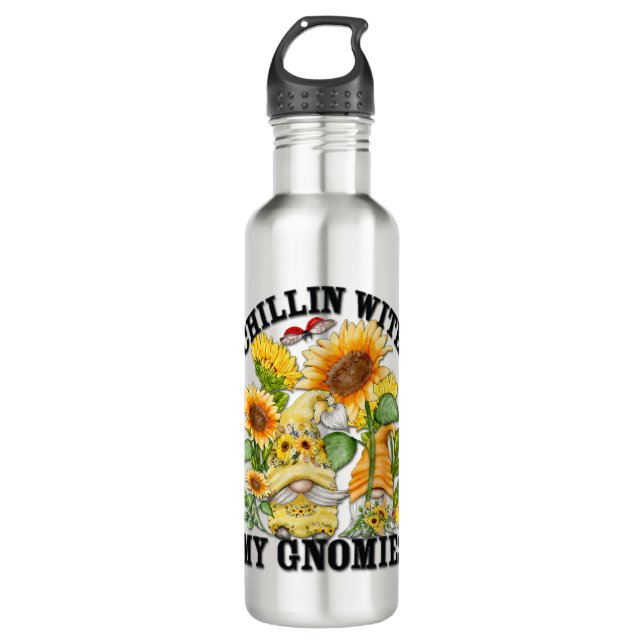 Cute Sunflower Summer Gnomes For Mom Chillin With Stainless Steel Water Bottle (Front)