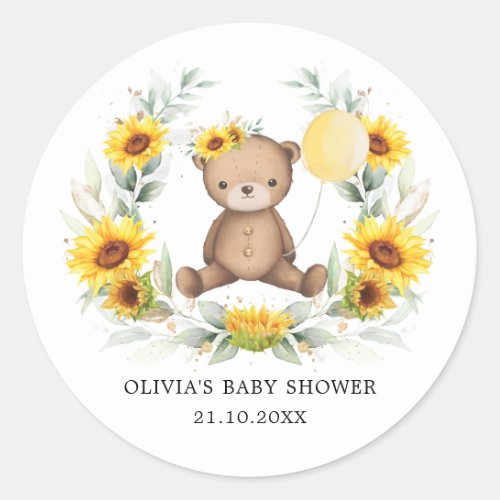 Cute Sunflower Teddy Bear Greenery Wreath Balloon Classic Round Sticker