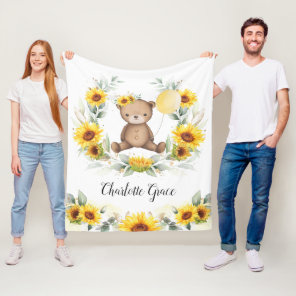 Cute Sunflower Teddy Bear Summer Greenery Nursery Fleece Blanket