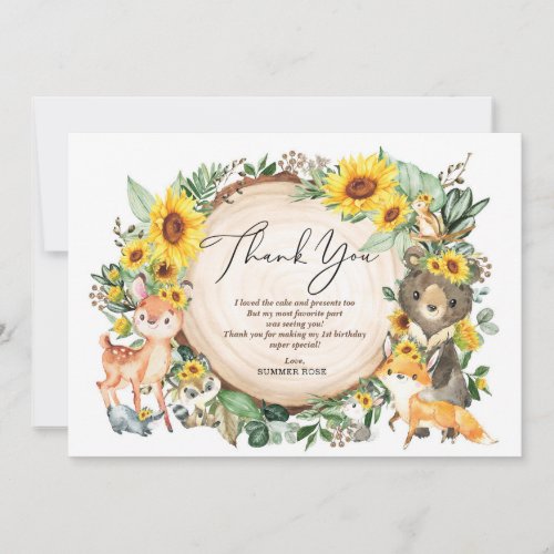 Cute Sunflower Woodland Animals Birthday Thank You