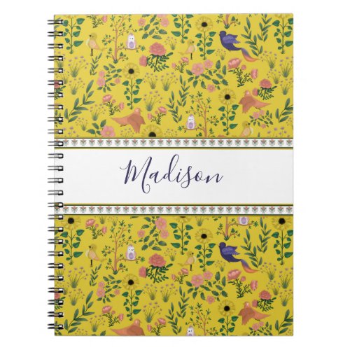 Cute Sunflower Yellow Bohemian Bird Floral Pattern Notebook