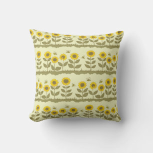 Cute sunflowers and bees seamless pattern throw pillow