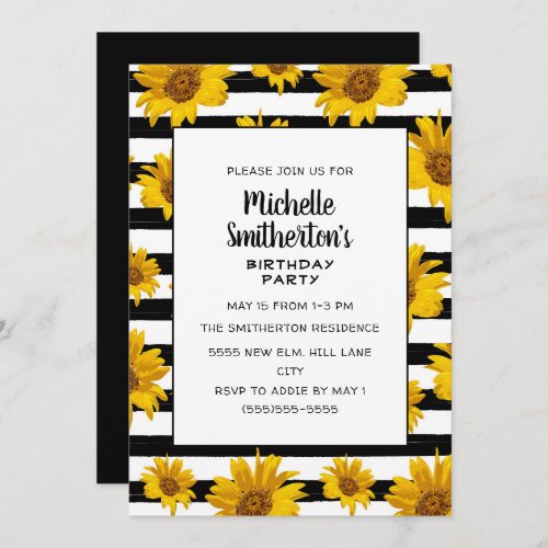 Cute Sunflowers Black White Stripes Birthday   Invitation