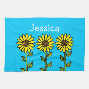 Cute Sunflowers Illustration Personalized Name Kitchen Towel