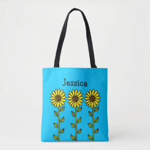 Cute Sunflowers Illustration Personalized Name Tote Bag