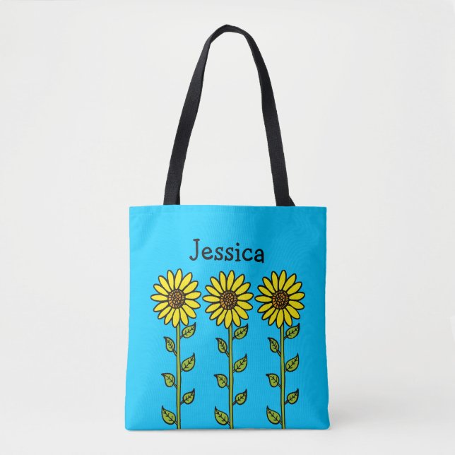 Cute Sunflowers Illustration Personalized Name Tote Bag (Front)