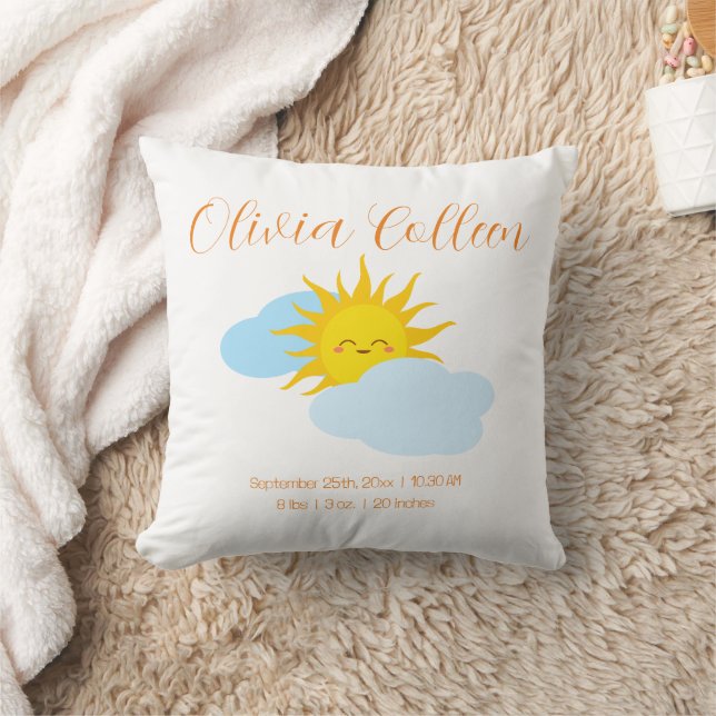 Cute Sunny Smile Birth Record Stats Newborn Baby Throw Pillow (Blanket)