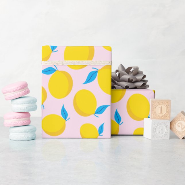 Cute Sunny Yellow Lemon Pattern Pink Seamless Gift Wrapping Paper (Baby Shower)