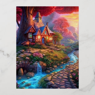 Cute Sunset Fantasy House in the Woods Foil Holiday Postcard