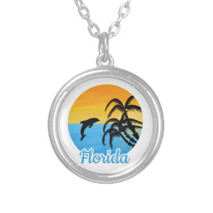 Cute Sunset in Florida with a dolphin Silver Plated Necklace