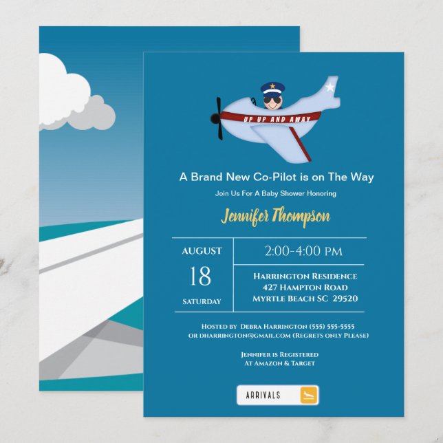 Cute Sunshade Pilot and Airplane Baby Shower   Invitation (Front/Back)