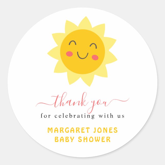 Cute Sunshine Baby Shower Thank You Sticker (Front)
